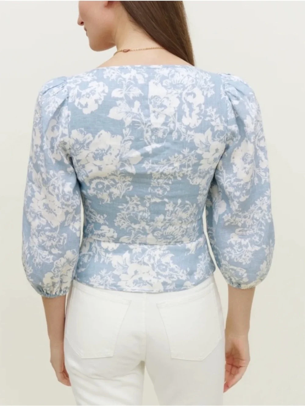 New! Reformation Barrett Linen Lace-Up Floral Top in Blue & White 🩵 Size 6